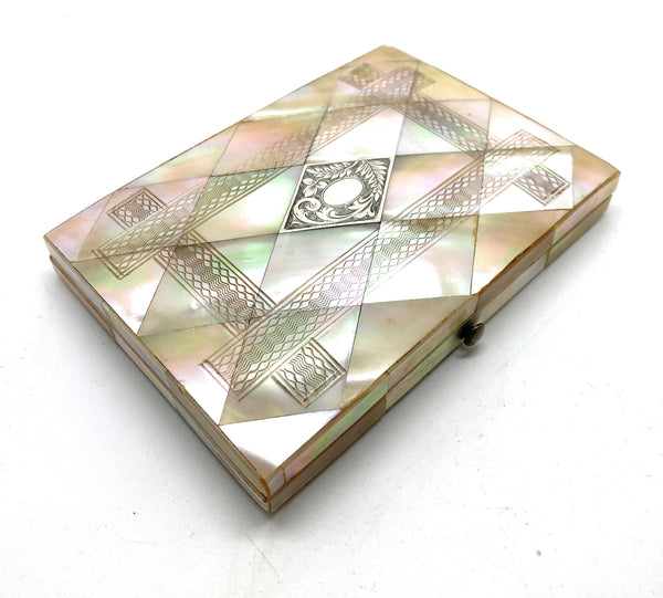 19th Century Mother of Pearl shell Calling Card Case Purse Silver Inlay / Business Card